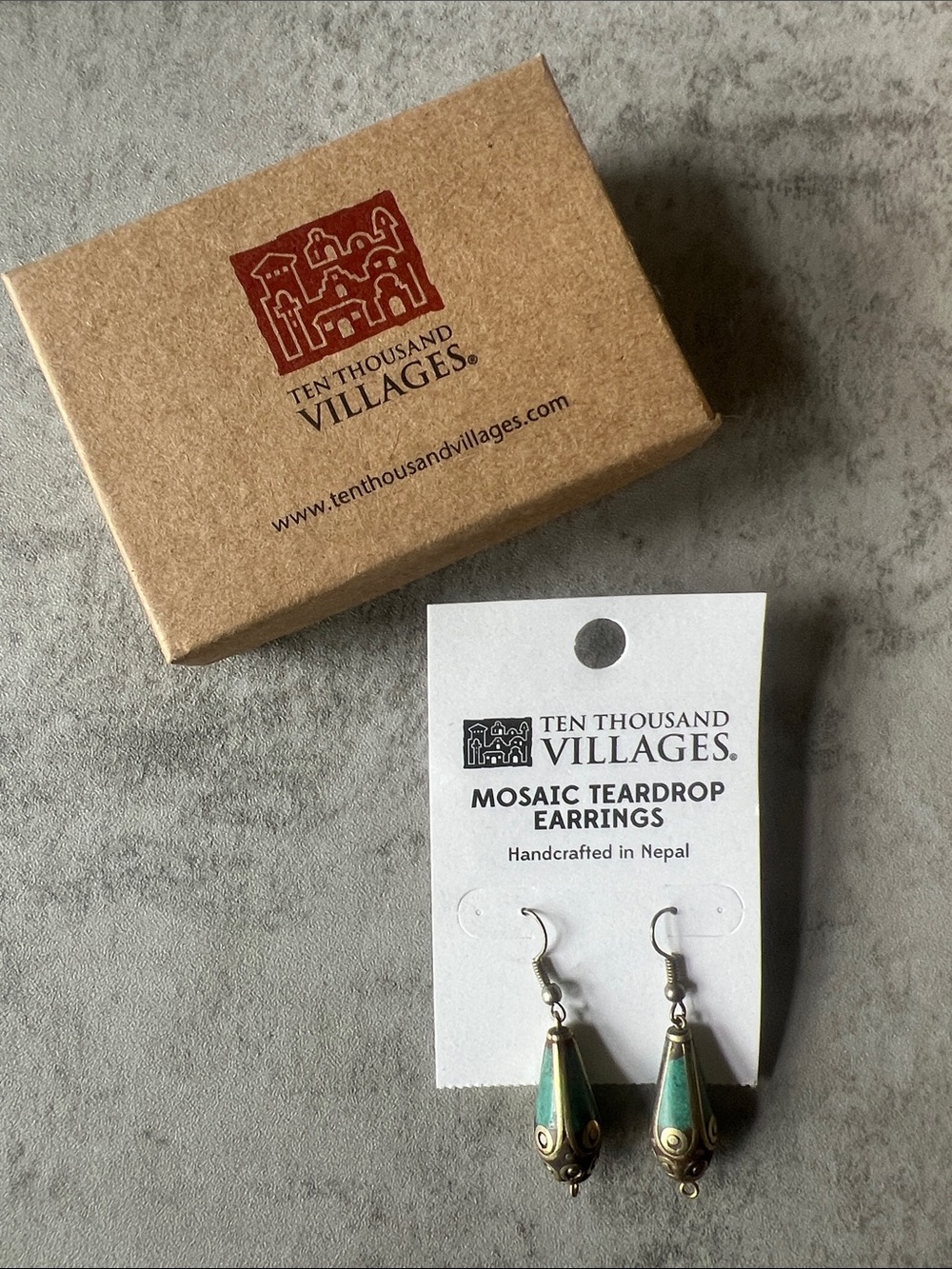 Ten Thousand Teardrop Mosaic Earrings in Green and Antique Gold